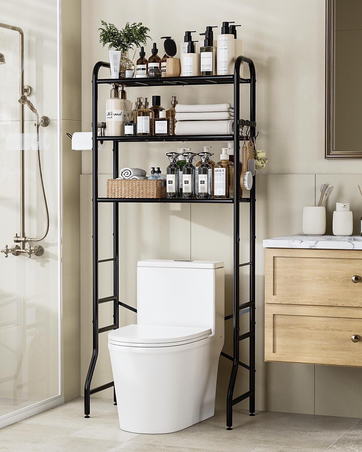 Over the Toilet Storage Rack, 3-Tier Metal Bathroom Organizer with Hooks, over the Toilet Storage Cabinet, Space Saver Shelf for Bathroom, Black, 23.6" X 13.0" X 63.4"