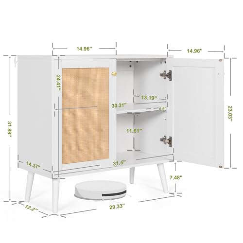 Boho Accent Storage Cabinet with Rattan Doors, Wood Grain Sideboard Buffet with Adjustable Shelves for Kitchen, Dining Room, Hallway, Living Room, Entryway, Coffee Bar, White