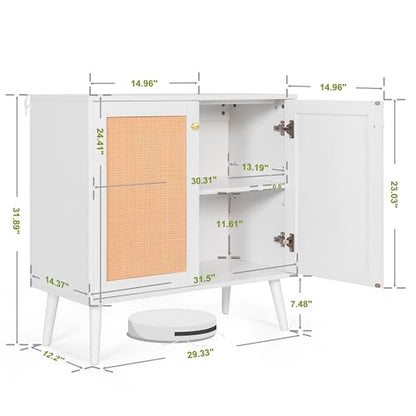 Boho Accent Storage Cabinet with Rattan Doors, Wood Grain Sideboard Buffet with Adjustable Shelves for Kitchen, Dining Room, Hallway, Living Room, Entryway, Coffee Bar, White