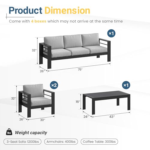 Aluminum Patio Furniture Set for All Weather, Oversized Outdoor Furniture Set with 27.5" Deep Seating and 3.2" Wide Armrest, Outdoor Patio Conversation Sets with 5" Cushion,Black and Grey