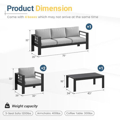 Aluminum Patio Furniture Set for All Weather, Oversized Outdoor Furniture Set with 27.5" Deep Seating and 3.2" Wide Armrest, Outdoor Patio Conversation Sets with 5" Cushion,Black and Grey