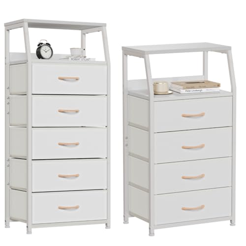 White Dresser with Drawers, Vertical Storage Tower Fabric Dresser for Bedroom, Hallway, Entryway, Nursery, Closet Organizer, Nightstand Bedside Table Furniture, Sturdy Steel Frame, Wood Top