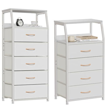 White Dresser with Drawers, Vertical Storage Tower Fabric Dresser for Bedroom, Hallway, Entryway, Nursery, Closet Organizer, Nightstand Bedside Table Furniture, Sturdy Steel Frame, Wood Top