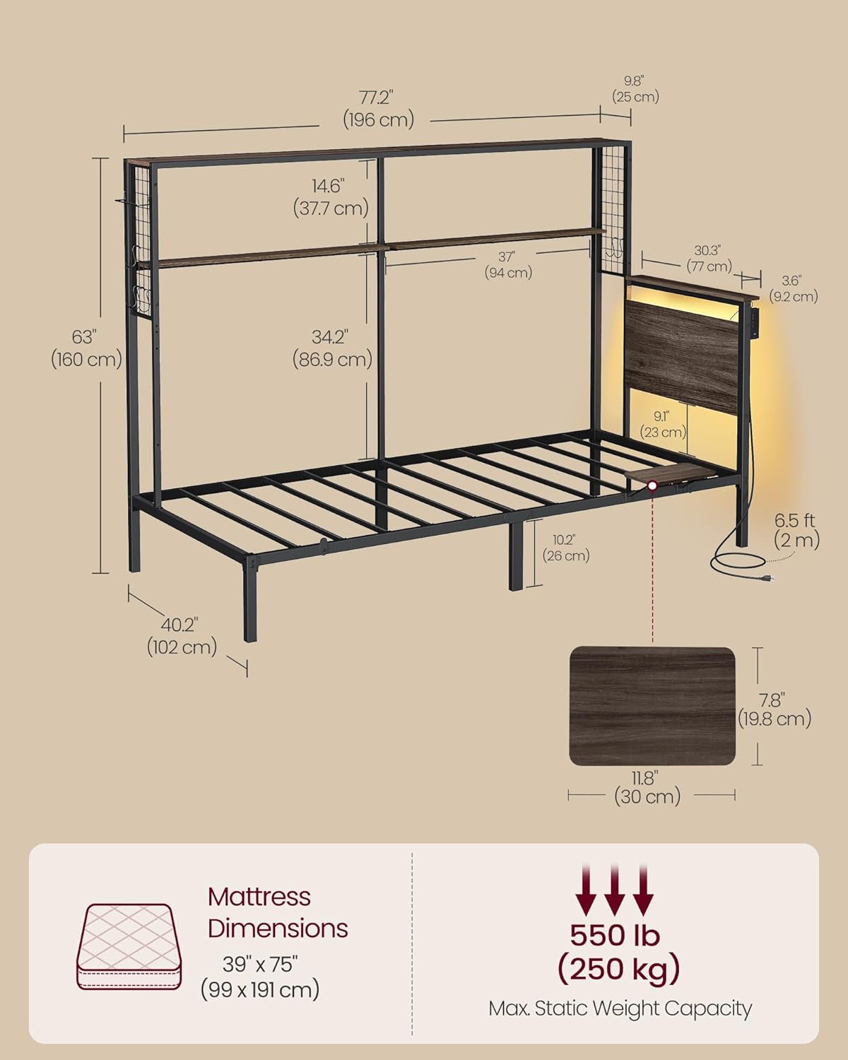 Twin Size Metal Bed Frame with Headboard, Multifunctional Storage, Built-In LED Lights, Charging Station, Bookshelf, Bedside Shelf, Space-Saving, No Box Spring Needed, Ash Brown URMB963K01
