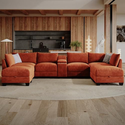 136.4" Modular Sectional Sofa, U-Shaped 8 Seater Sectional Sofa with Storage Ottoman, Linen L-Shaped Couch Large Cloud Couch with Cup Holders & USB for Living Room（Orange
