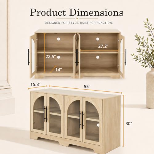 Sideboard Buffet Cabinet with Arched Glass Doors, Adjustable Shelves, view 3