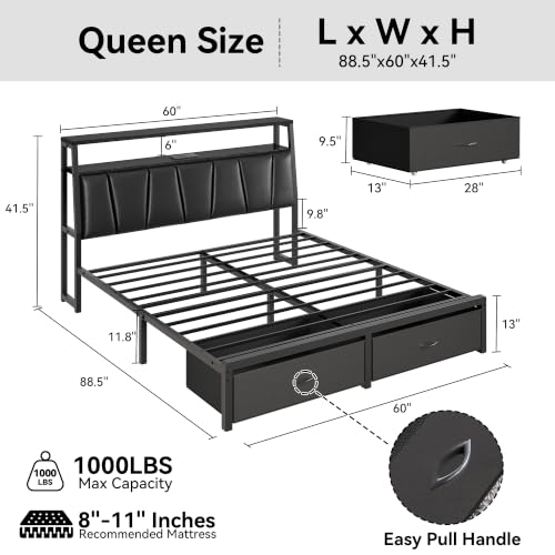 Queen Bed Frame with 2-Tier Storage Headboard and 2 Drawers,Black, view 3