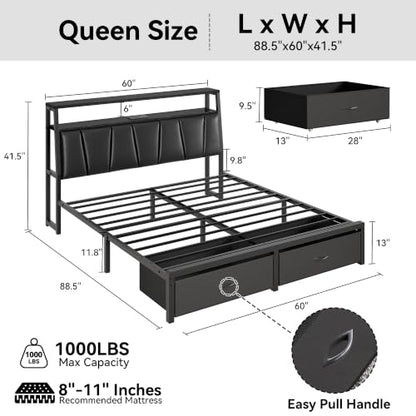 Queen Bed Frame with 2-Tier Storage Headboard and 2 Drawers,Black, view 3