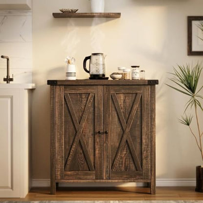 GAOMON Farmhouse Sideboard Buffet Cabinet with Storage, Rustic Wood Credenza with 2 Barn Doors and Adjustable Shelf, Grey Wash Console Cabinet for Kitchen, Dining Room, Living Room or Entryway