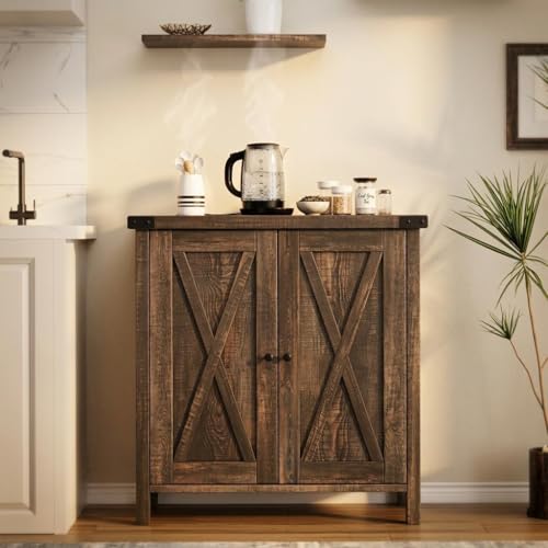 GAOMON Farmhouse Sideboard Buffet Cabinet with Storage, Rustic Wood Credenza with 2 Barn Doors and Adjustable Shelf, Grey Wash Console Cabinet for Kitchen, Dining Room, Living Room or Entryway