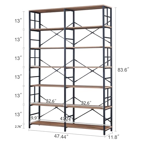 Bookshelf, Industrial Double Wide 7-Tier Bookshelves, 84" Tall Bookcase with Open Shelves, Heavy Duty Bookcases with Storage for Living Room Home Office, Rustic Brown