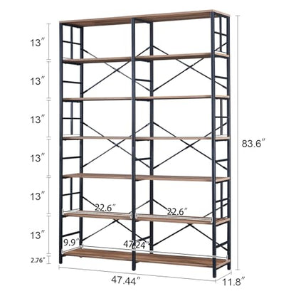 Bookshelf, Industrial Double Wide 7-Tier Bookshelves, 84" Tall Bookcase with Open Shelves, Heavy Duty Bookcases with Storage for Living Room Home Office, Rustic Brown