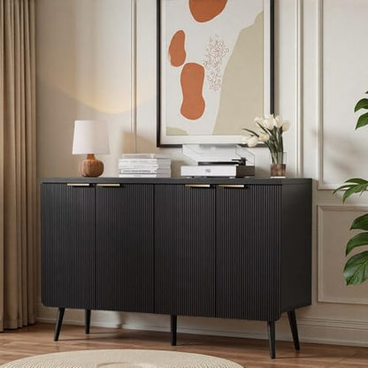47.2" Modern Fluted Sideboard Cabinet with 4 Doors, Wood Storage Credenza with Shelves, Multi-Purpose Buffet Cabinet for Entryway, Dining & Living Room, Black