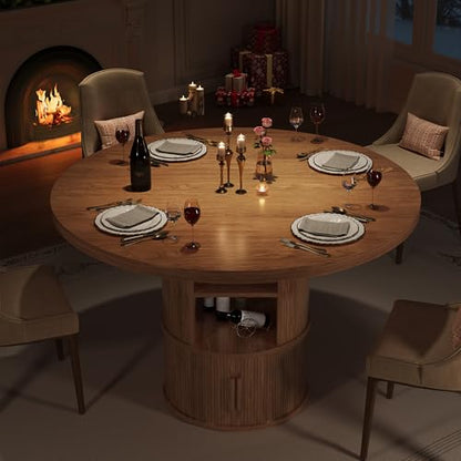 43" Round Dining Table with Storage Shelf, Farmhouse Modern Kitchen Table for 4-6, Circular Wood Dining Room Table for Small Spaces, Space Saving Pedestal Table for Apartment & Breakfast Nook, Walnut