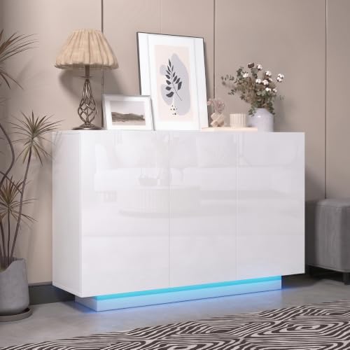 Modern 39.4" High Gloss Buffet Cabinet with LED Lights, White, view 2