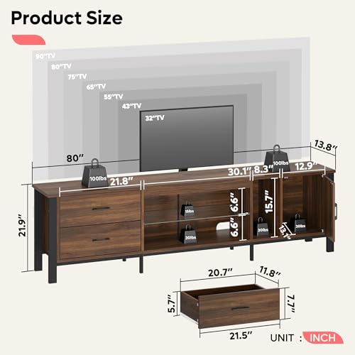 TV Stand for 75/80/85 inch TV, LED Gaming Entertainment Center, Modern TV Cabinet with Glass Shelves for Living Room, Media Console with 2 Storage Drawers & Cabinets for Bedroom, Walnut