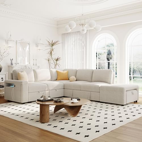 L-Shaped Modular Sofa with Removable Storage Ottoman, USB Ports and Cup Holder, Upholstered Sectional Couch & Armrest, Free Combination Indoor Furniture for Living Room, Apartments, Beige