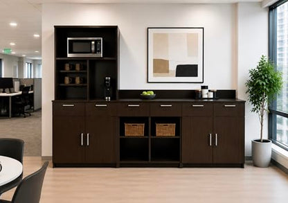 3-Door Breakroom Hutch Cabinet with Microwave Space, Commercial Office Kitchenette Storage, Fully Assembled, 108" W x 24" D x 75" H, Appliances Not Included