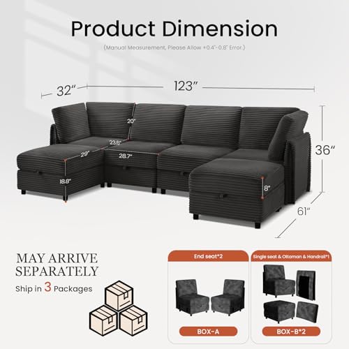 Modular Sectional Sofa U-Shaped 6 Seater Couch with Storage Ottoman, Convertible L-Shaped Plush Wide-Wale Corduroy Couch for Living Room, Apartment, Modern Design, Black