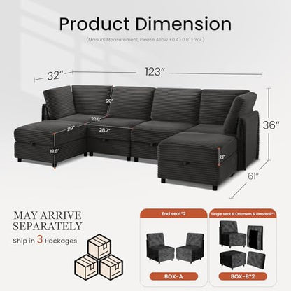 Modular Sectional Sofa U-Shaped 6 Seater Couch with Storage Ottoman, Convertible L-Shaped Plush Wide-Wale Corduroy Couch for Living Room, Apartment, Modern Design, Black