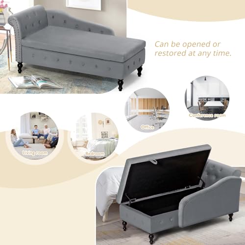Velvet Chaise Lounge w/Left Armrest & Storage Space, Grey, view 4