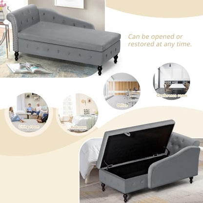 Velvet Chaise Lounge w/Left Armrest & Storage Space, Grey, view 4