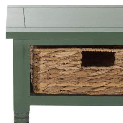 SAFAVIEH Home Collection - Christa Entryway Console Table, Dusty Green Solid Wood 3-Drawer Storage Sofa Table with Rattan Baskets (AMH5737J)