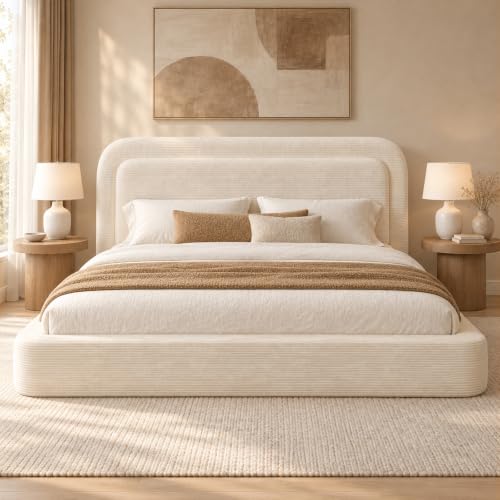 Upholstered Cloud Bed Frame Queen with Plush Padded Headboard, Beige, view 2