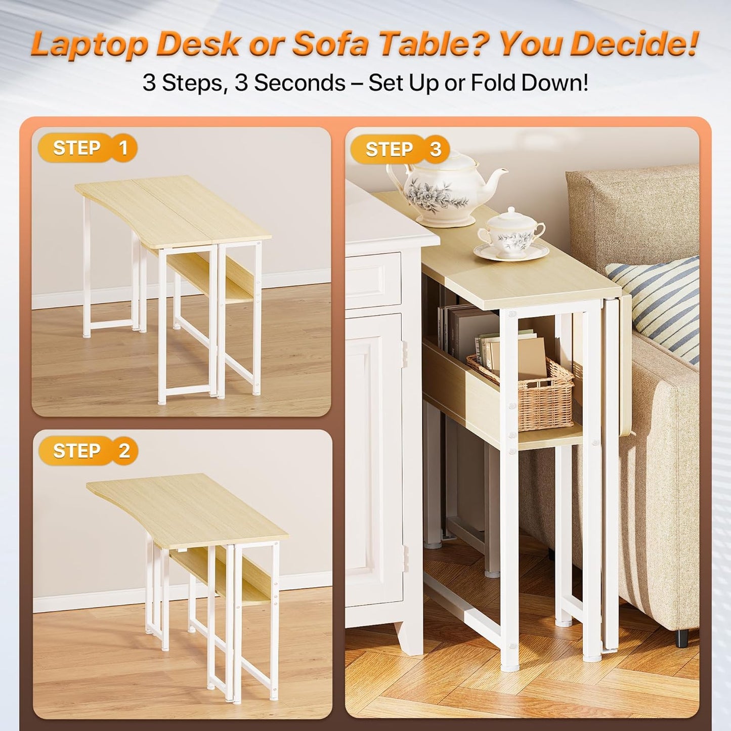 Folding Desk with Storage Shelf, 39.3 Inch Foldable Computer Table for Small Spaces, Space Saving Sofa Table for Couch, Writing Work Office Computer Desk, Easy to Fold, Oak