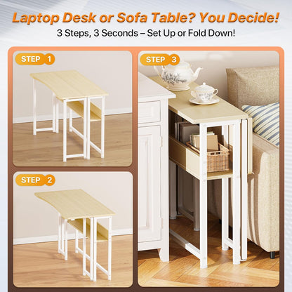 Folding Desk with Storage Shelf, 39.3 Inch Foldable Computer Table for Small Spaces, Space Saving Sofa Table for Couch, Writing Work Office Computer Desk, Easy to Fold, Oak