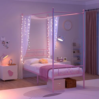 Twin Canopy Bed Frame with Headboard, Metal Twin Beds for Kids, Pink, view 6