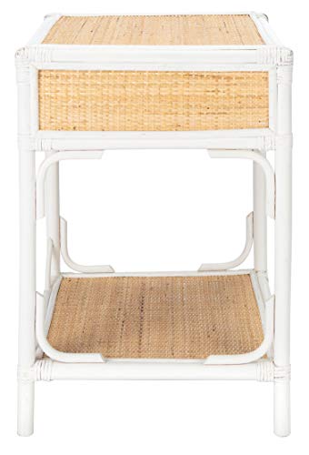 SAFAVIEH Home Collection – Roya White & Natural Nightstand with Drawer & Shelf, Coastal Accent Table, Bamboo-Style Frame & Rattan Drawer (NST4005C)