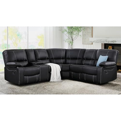 Manual Reclining Sectional Sofa Set for Living Room, Soft Fabric Recliner Corner Sectional Couch with Center Console, Cup Holders and Storage (Black, Sofa)