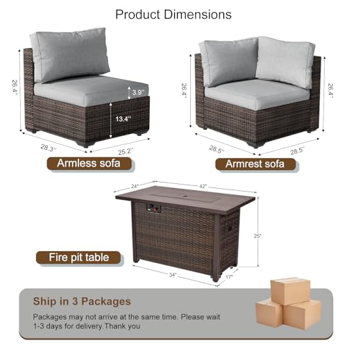 7-Pieces Patio Furniture Sets Outdoor Sectional Sofa with 44'' Propane Rattan Wicker Firepit Table, Patio Sectional Conversation Set with Cushions for Backyard, Poolside, Garden Grey