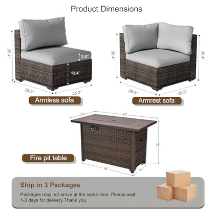 7-Pieces Patio Furniture Sets Outdoor Sectional Sofa with 44'' Propane Rattan Wicker Firepit Table, Patio Sectional Conversation Set with Cushions for Backyard, Poolside, Garden Grey