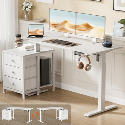 Electric Standing Desk with Drawers, 55 x 24 Inches Height Adjustable Sit Stand Desk with Storage, 3 Memory Preset Home Office Computer Desk, Printer Cabinet, 2 Hooks, Cable Management, White