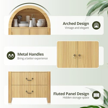 71" Arched Storage Cabinet with Fluted Doors, Tall Wood Pantry Cabinet with Drawers & Adjustable Shelves, Modern Coffee Bar Cabinet, Natural Oak