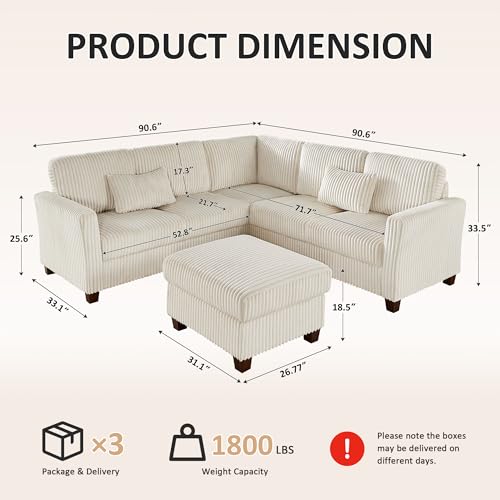 Sectional Corner Couch, Corduroy L Shaped Sofa, 6-Seat Couch,Beige