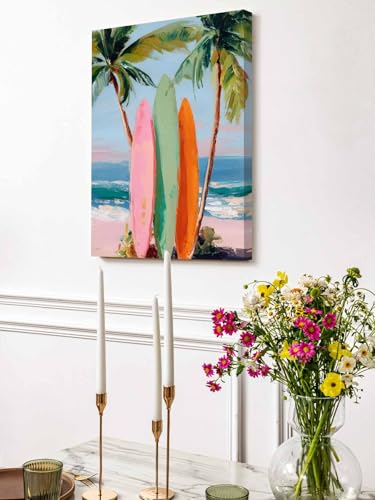 NuYeBiofx Watercolor Tropical Beach Scene Canvas Wall Art Prints,40"x28" Framed Picture Artwork Summer Coconut Tree Surfboard Printed Canvas Oil Painting for Living Room Bedroom Office,Ready to Hang
