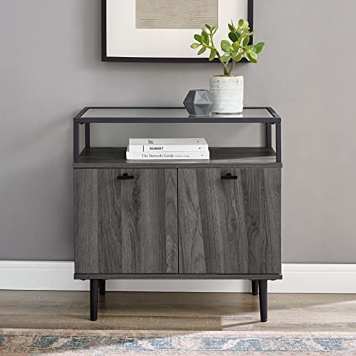 Modern Glass and Wood End Side Table Living Room Storage Small End Table, 2 Drawer, Slate Grey