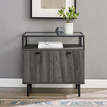 Modern Glass and Wood End Side Table Living Room Storage Small End Table, 2 Drawer, Slate Grey