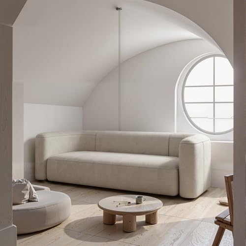 Luxury Modern Tight Curved Back Velvet Sofa, Minimalist Style Comfy Couch for Living Room Apartment, 3 Seater, Cream