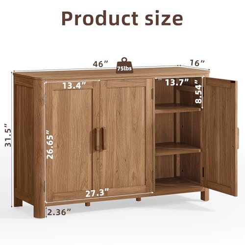 Sideboard Buffet Cabinet with Storage, 46" Arc-Shaped Credenza with 3 Doors & Adjustable Shelves, Mid Century Modern Coffee Bar Cabinet for Kitchen, Living Room, Entryway, Darkwood