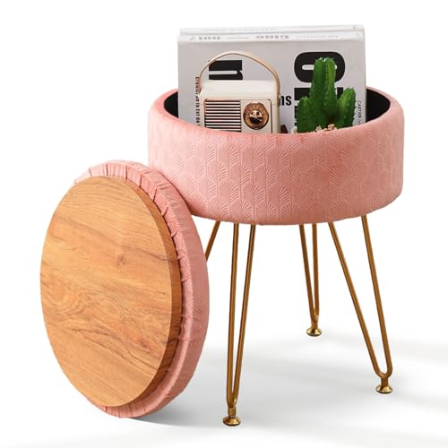 Foot Stool Velvet Storage Ottoman with Removable Lid Round Sofa Stools Foot Rest with Padded Seat Modern Style Makeup Stool Decorative Furniture Suitable for Lounge Dorm Room Blush