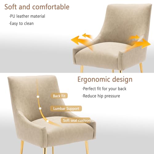 Dining Room Chair Faux Leather Vanity Chairs Set of 2 Mid-Century with Metal Legs Upholstered PU Leather Luxury Accent Chairs Living Room Restaurant(Dark Apricot)