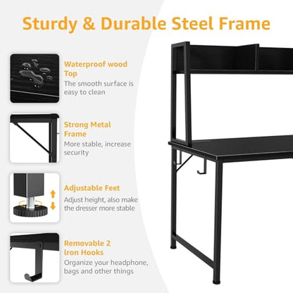 DLisiting Black Computer Desk with Hutch & Drawers - Office Desk with 3 Storage Drawers and Power Outlets, 47 Inch Modern Study Writing Desk for Bedroom Home Office
