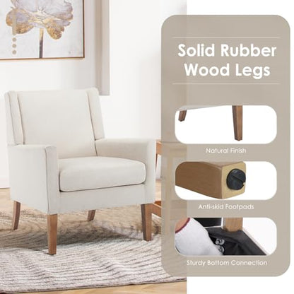 Modern Wingback Living Room Chair, Upholstered Fabric Accent Armchair, Single Sofa Chair with Lounge Seat and Wood Legs for Office/Bedroom/Reading Spaces, Beige