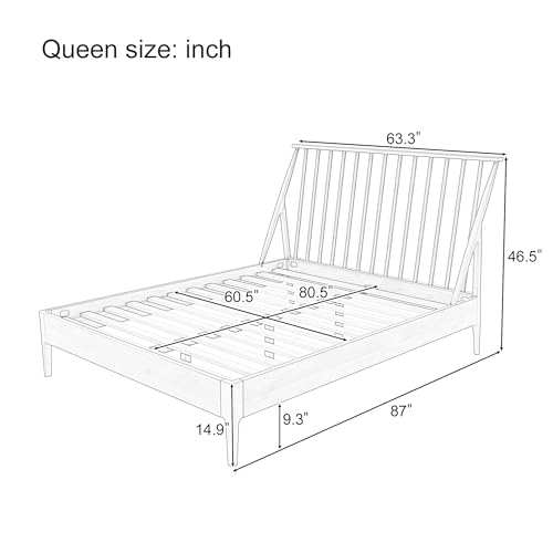 Queen Size Solid Bamboo Wood Spindle Platform Bed with 46.5" Tall Headboard, view 3