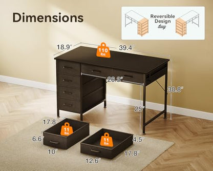 Computer Desk with 6 Drawers, 40 Inch Small Desk with Storage, Reversible Desk with Headphone Hook for Home Office, Work Study Table for Bedroom, Black