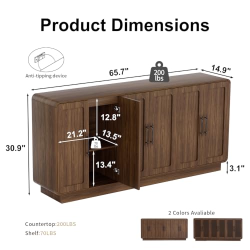 65.7" Sideboard Cabinet, 6-Door Storage Credenza,Walnut, view 3
